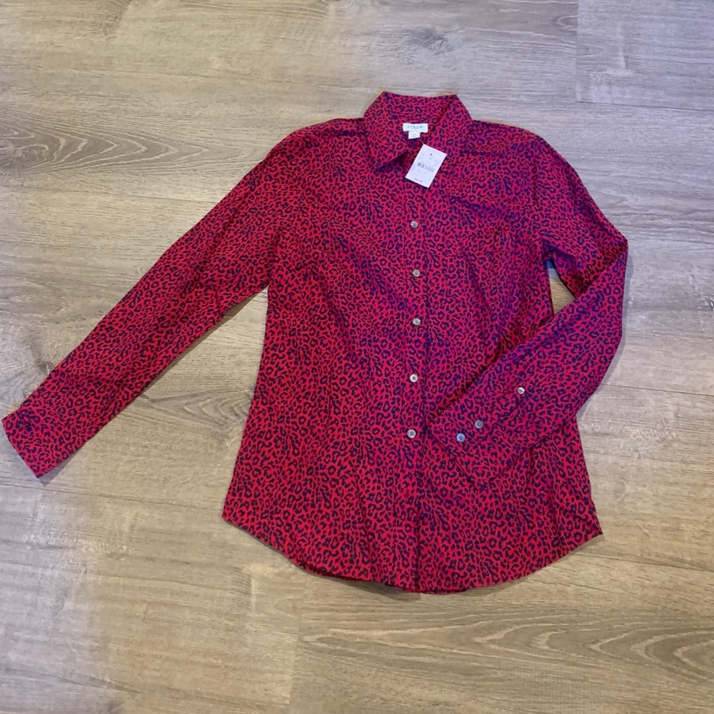 J crew red and navy leopard button up